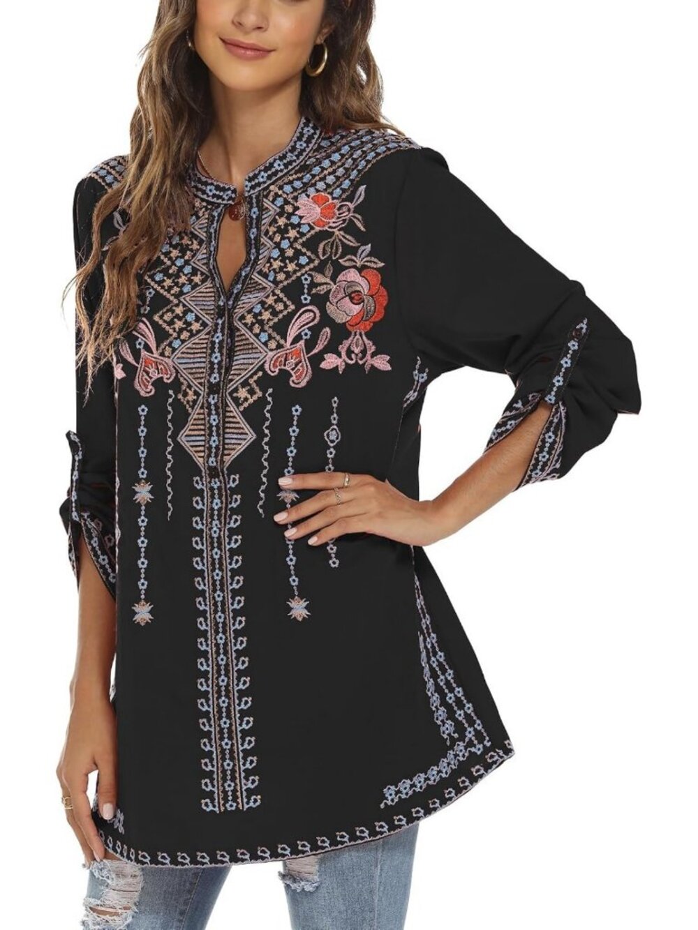 Bohemian Floral Embroidered V-Neck Tunic Blouse - Long Sleeve Casual Top